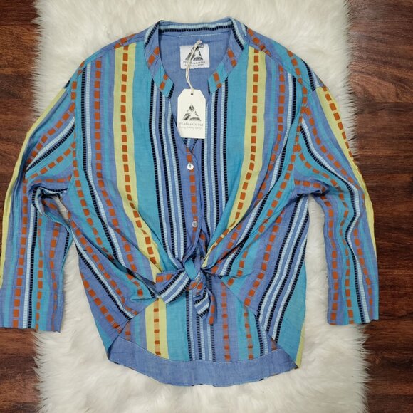 NWT Pearl & Caviar Blue Striped Rustic Lagenlook Alonissos ZAKAR Shirt Size S - Picture 2 of 12